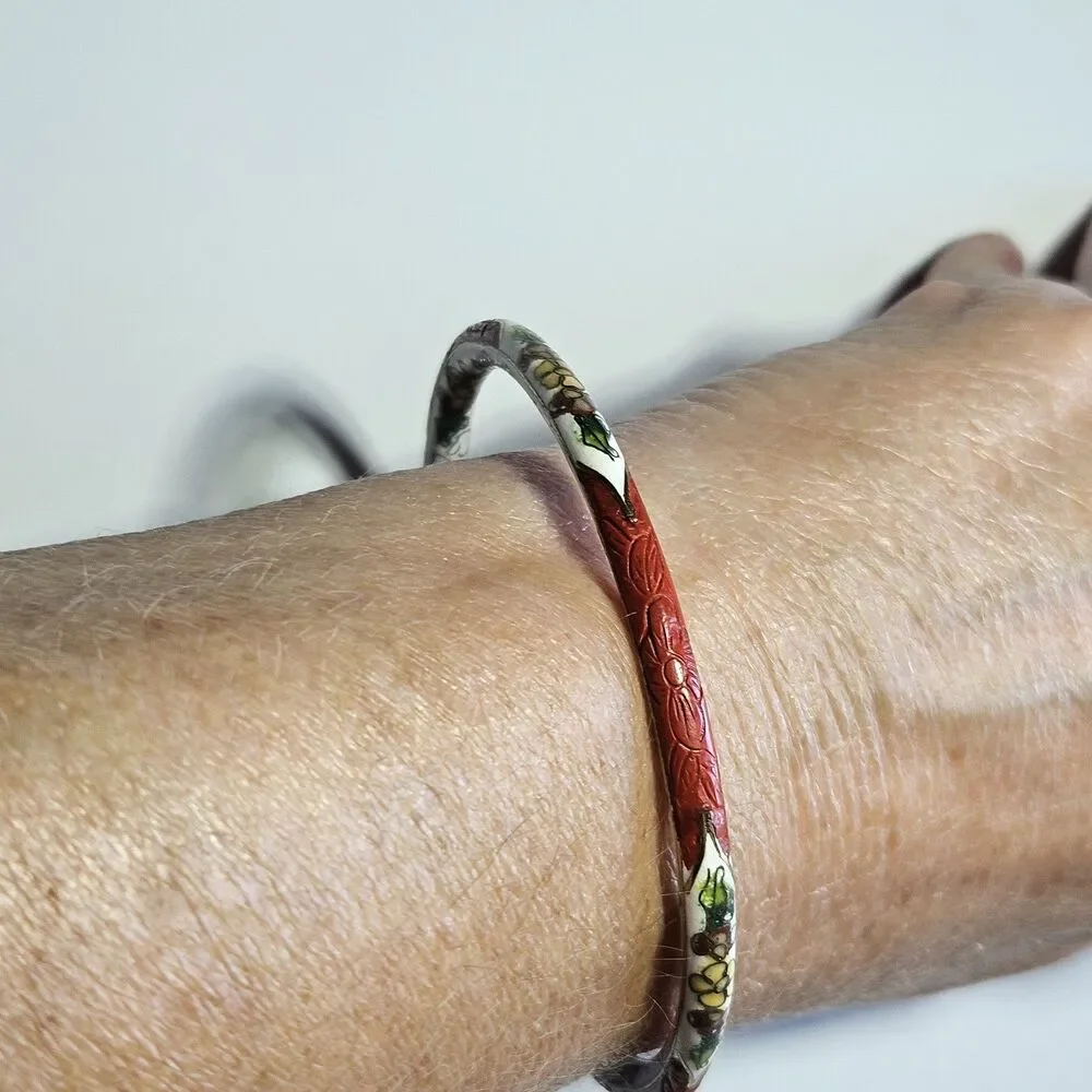 Gold Tone Vntg Carved Red Cinnabar White Cloisonne Bracelet 7.75